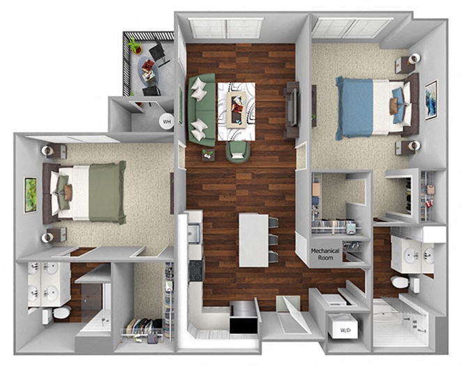 Floor plan for 2 beds, 2 baths, 1092 sqft